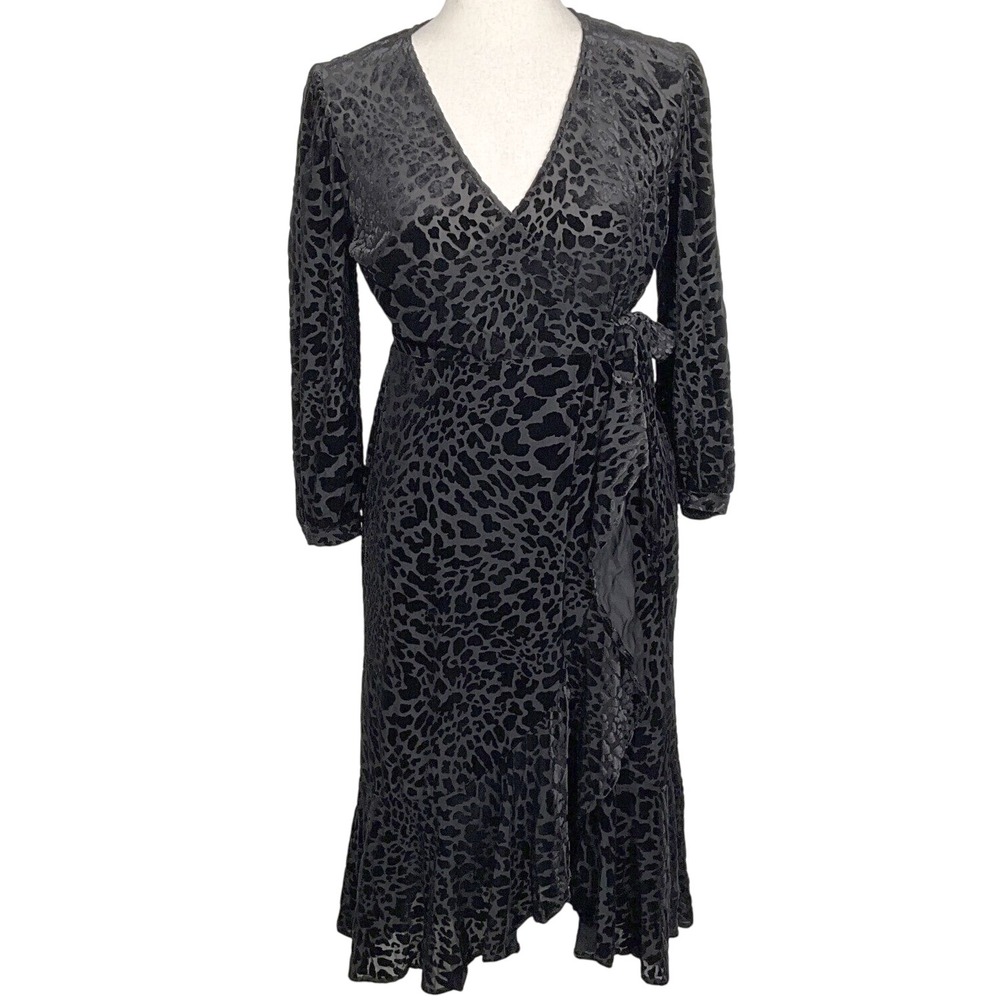 Calvin‎ Klein Dress Women 6 Black Velvet Leopard Texture Wrap Whimsy Goth